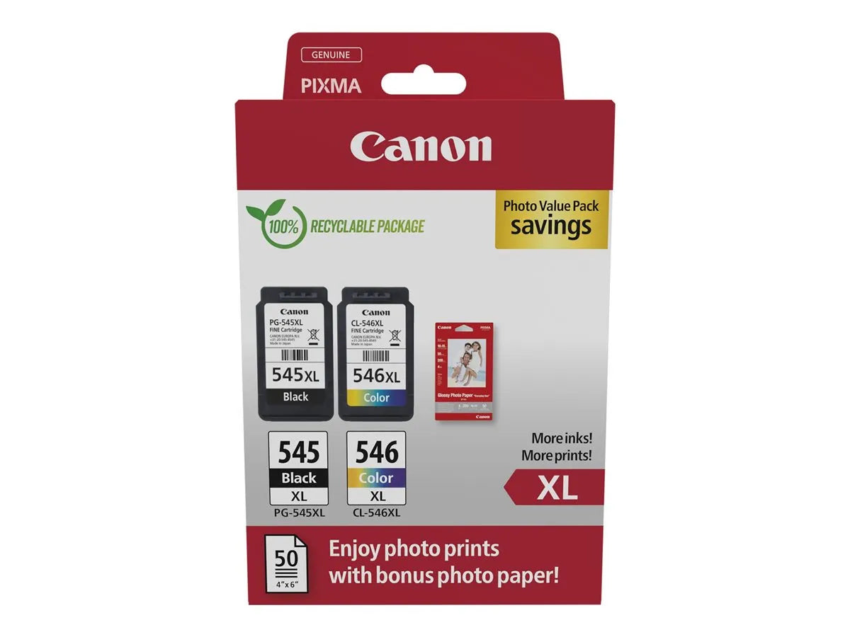 Canon PG-545XL & CL-546XL / 8286B011 Tinten Sparset schwarz, color (2 Stück) (inkl. 50 Blatt Fotopapier)