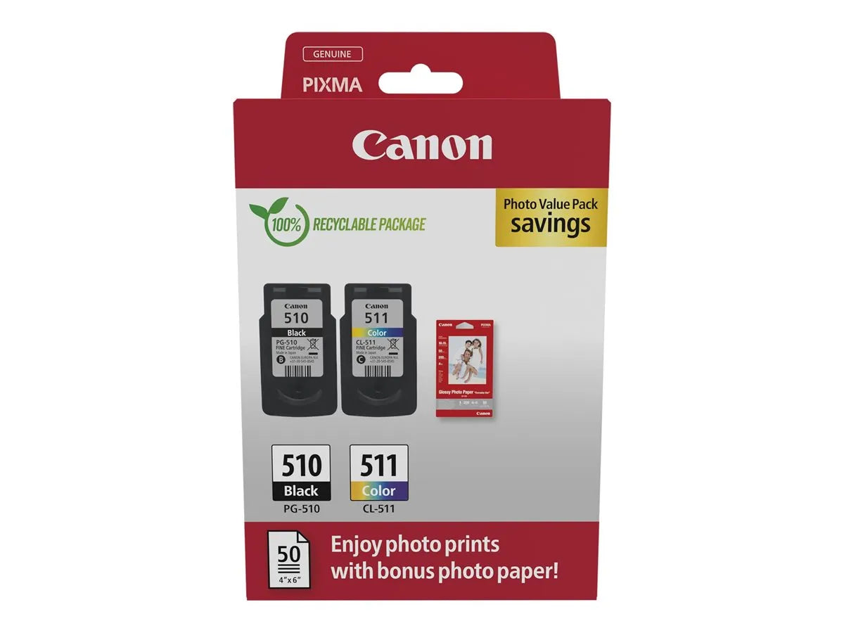 Canon PG-510 & CL-511 / 2970B017 Tinten Sparset schwarz, color (2 Stück) (inkl. 50 Blatt Fotopapier)