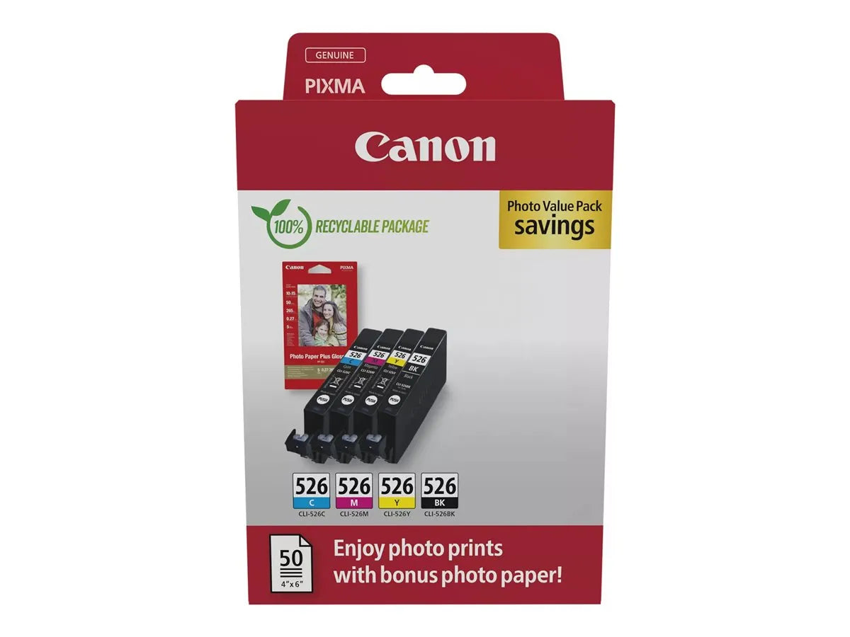 Canon CLI-526 / 4540B019 Tinten Sparset schwarz, cyan, magenta, gelb (4 Stück) (inkl. 50 Blatt Fotopapier)