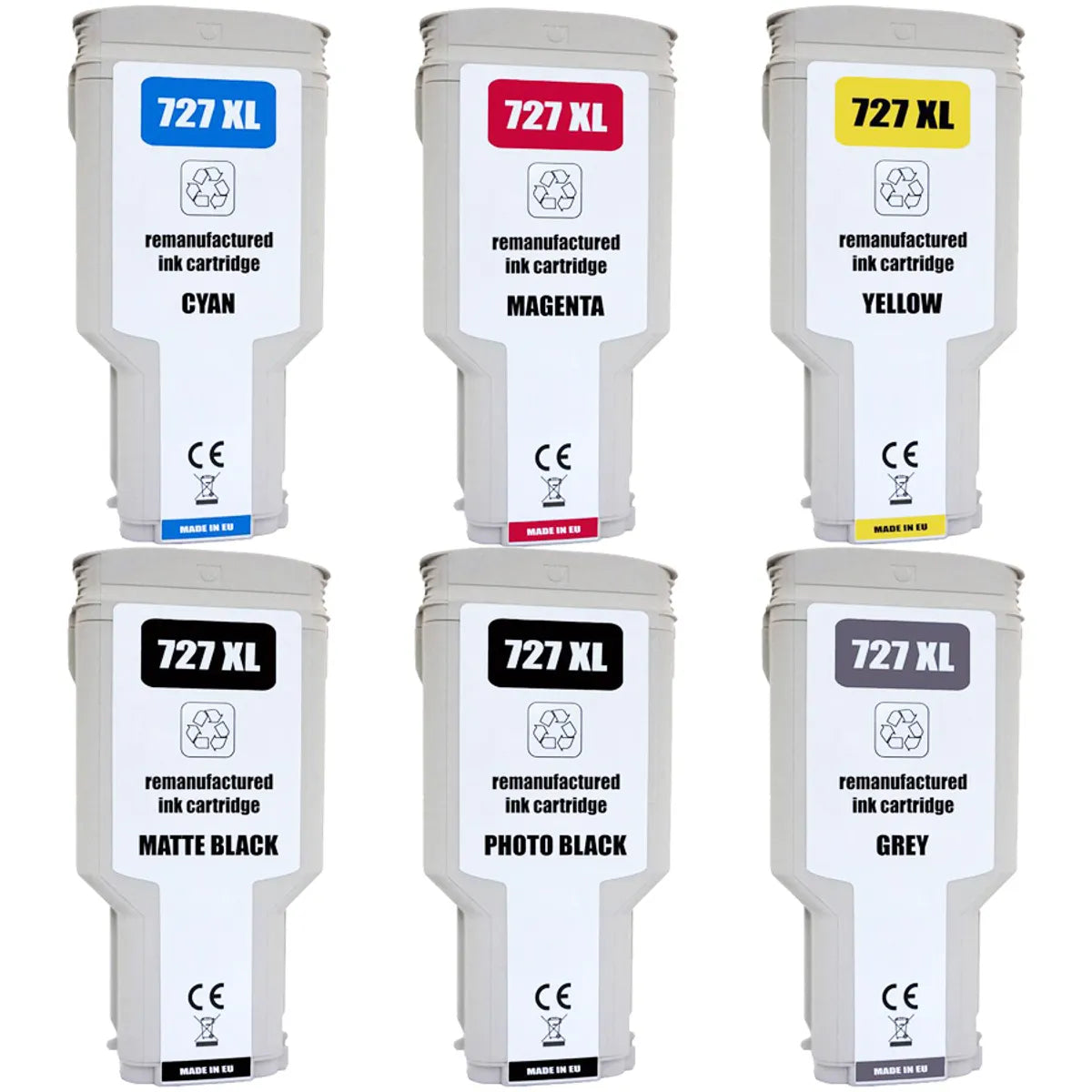Kompatibel zu HP 727 / F9J76A / F9J77A / F9J78A / C1Q12A / F9J79A / F9J80A Tinte cyan, magenta, gelb, matt schwarz, photo schwarz, grau
