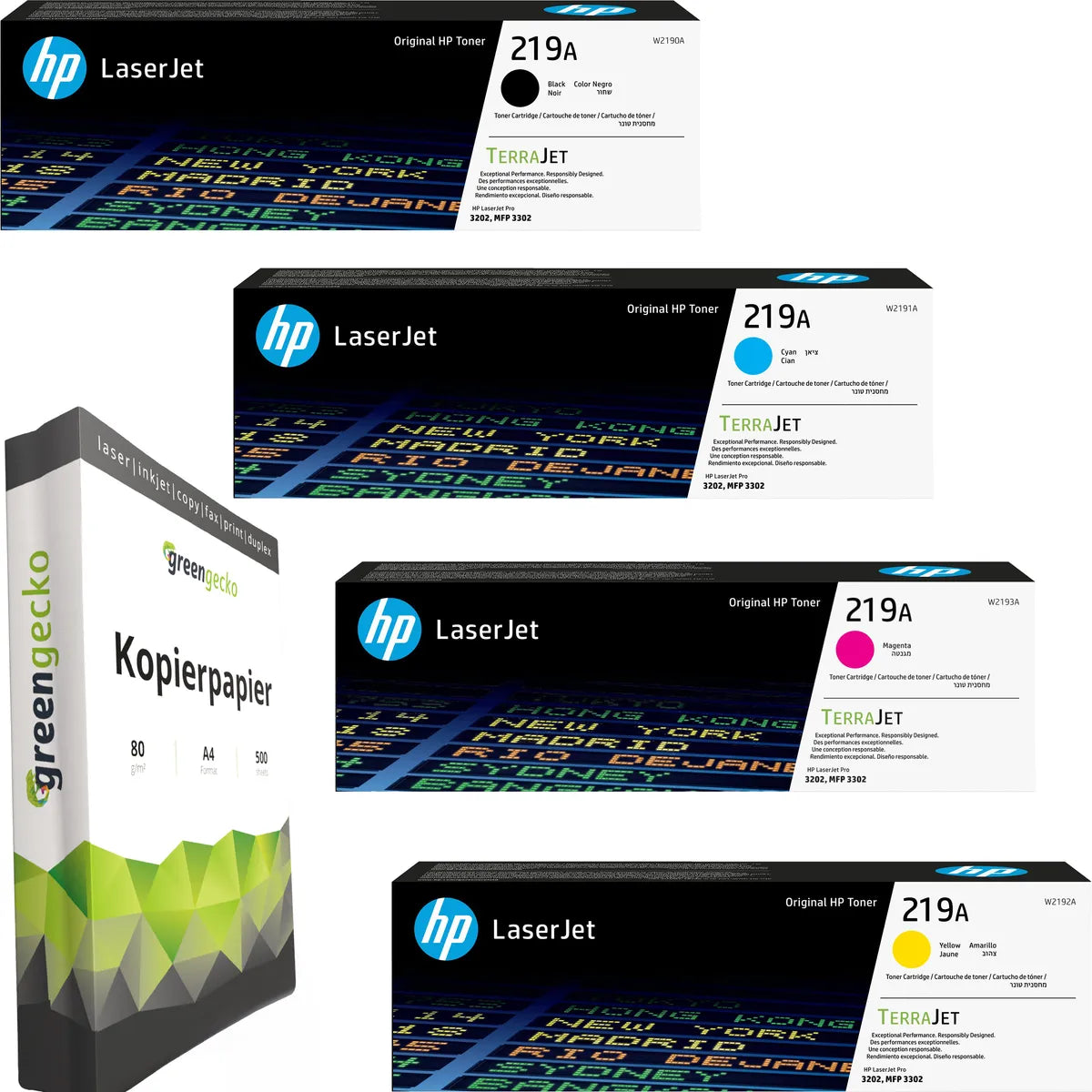 HP 219A / W2190A / W2191A / W2192A / W2193A Toner Sparset schwarz, cyan, magenta, gelb (4 Stück) & green gecko Kopierpapier
