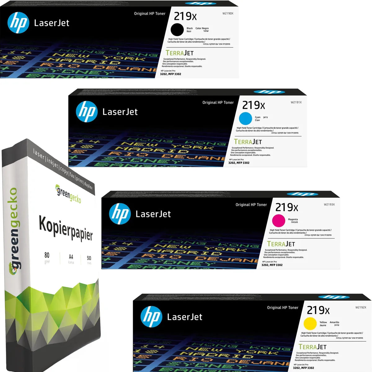 HP 219X / W2190X / W2191X / W2192X / W2193X Toner Sparset schwarz, cyan, magenta, gelb (4 Stück) & green gecko Kopierpapier