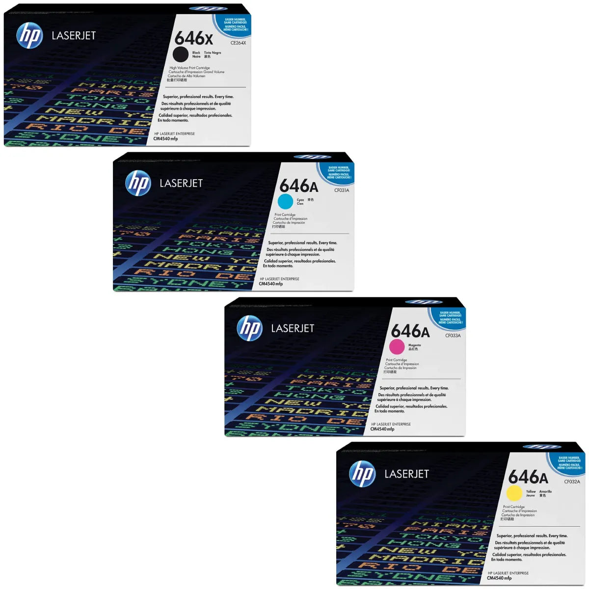 HP 646X / 646A / CE264X / CF031A / CF032A / CF033A Toner Sparset schwarz, cyan, magenta, gelb (4 Stück)