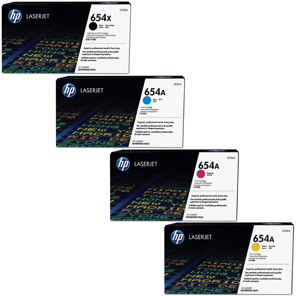 HP 654X / 654A / CF330X / CF331A / CF332A / CF333A Toner Sparset schwarz, cyan, magenta, gelb (4 Stück)
