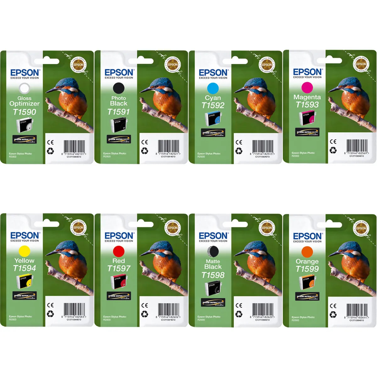 Epson T1590 / T1591 / T1592 / T1593 / T1594 / T1597 / T1598 / T1599 Tinten Sparset schwarz, cyan, magenta, gelb, photo schwarz, matt schwarz, rot, glossy optimizer, orange (8 Stück)