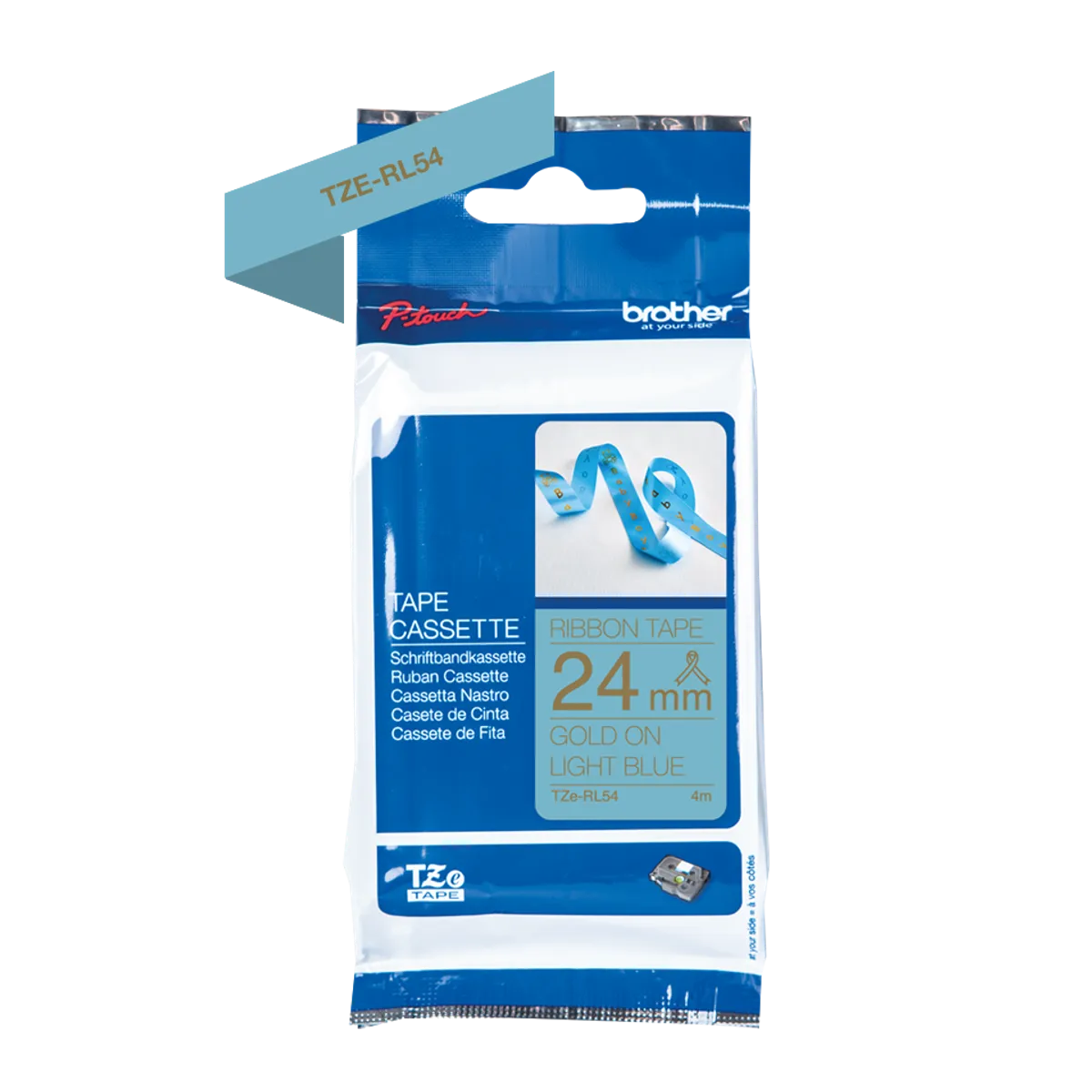 Brother TZE-RL54 Schriftband gold auf hellblau (24mm x 4m)