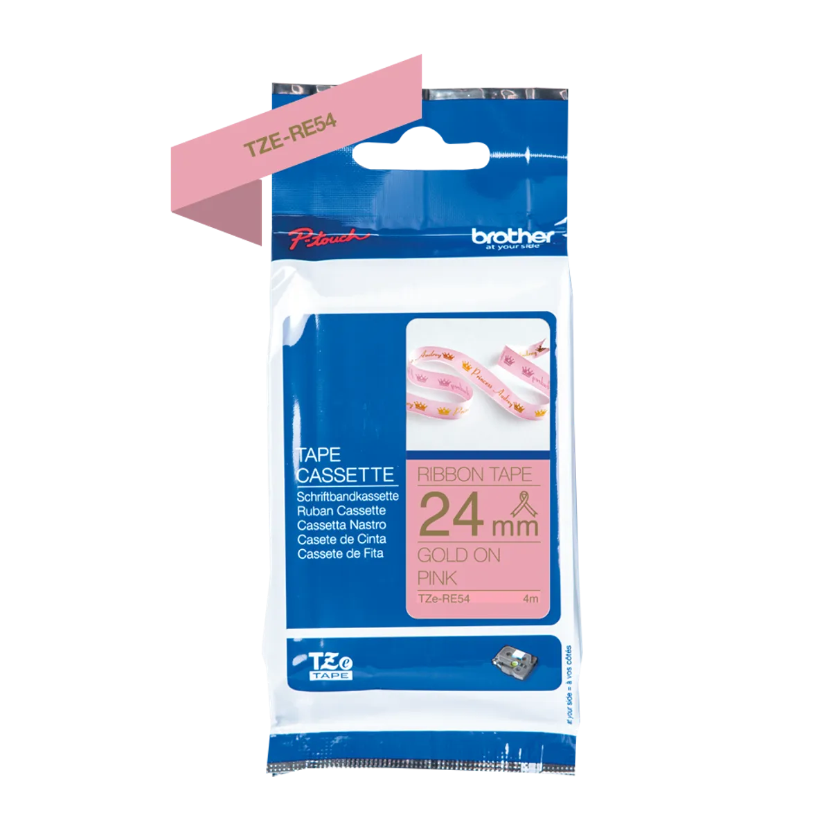 Brother TZE-RE54 Schriftband gold auf pink (24mm x 4m)