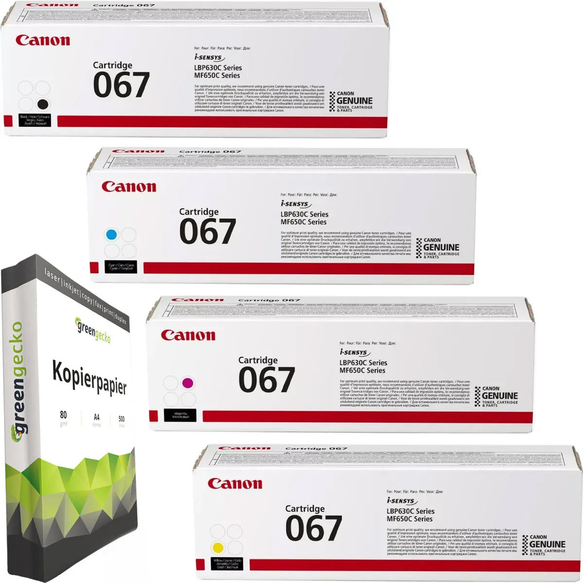Canon 067 Toner Sparset schwarz, cyan, magenta, gelb (4 Stück) & green gecko Kopierpapier