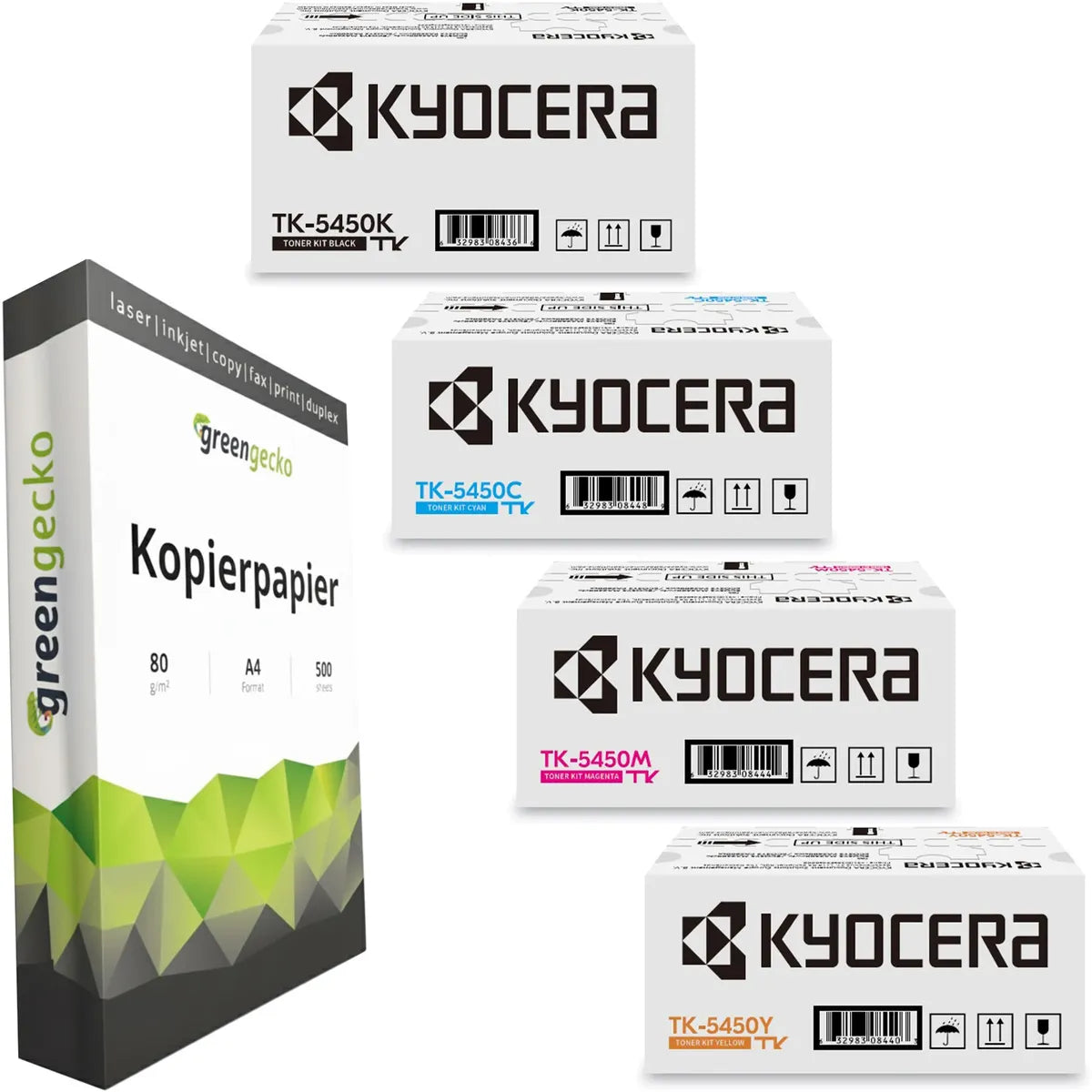 Kyocera TK-5450 Toner Sparset schwarz, cyan, magenta, gelb (4 Stück) & green gecko Kopierpapier