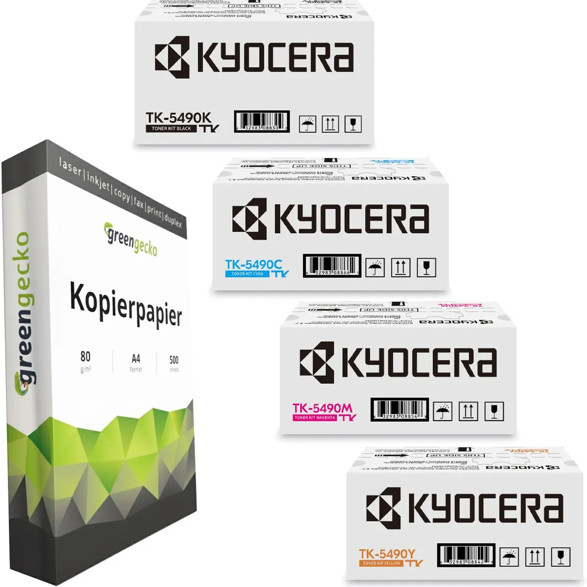 Kyocera TK-5490 Toner Sparset schwarz, cyan, magenta, gelb (4 Stück) & green gecko Kopierpapier