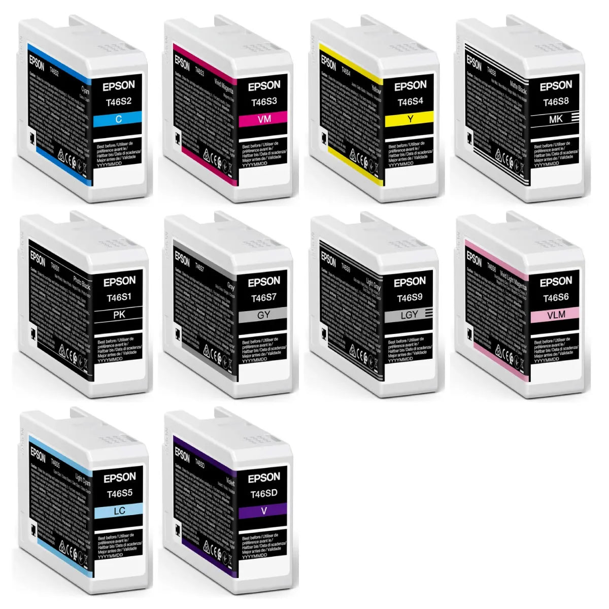 Canon T46S1 / T46S2 / T46S3 / T46S4 / T46S5 / T46S6 / T46S7 / T46S8 / T46S9 / T46SD Tinten Sparset schwarz, cyan, magenta, gelb, matt schwarz, photo cyan, photo magenta, grau, photo grau, lila (10 Stück)