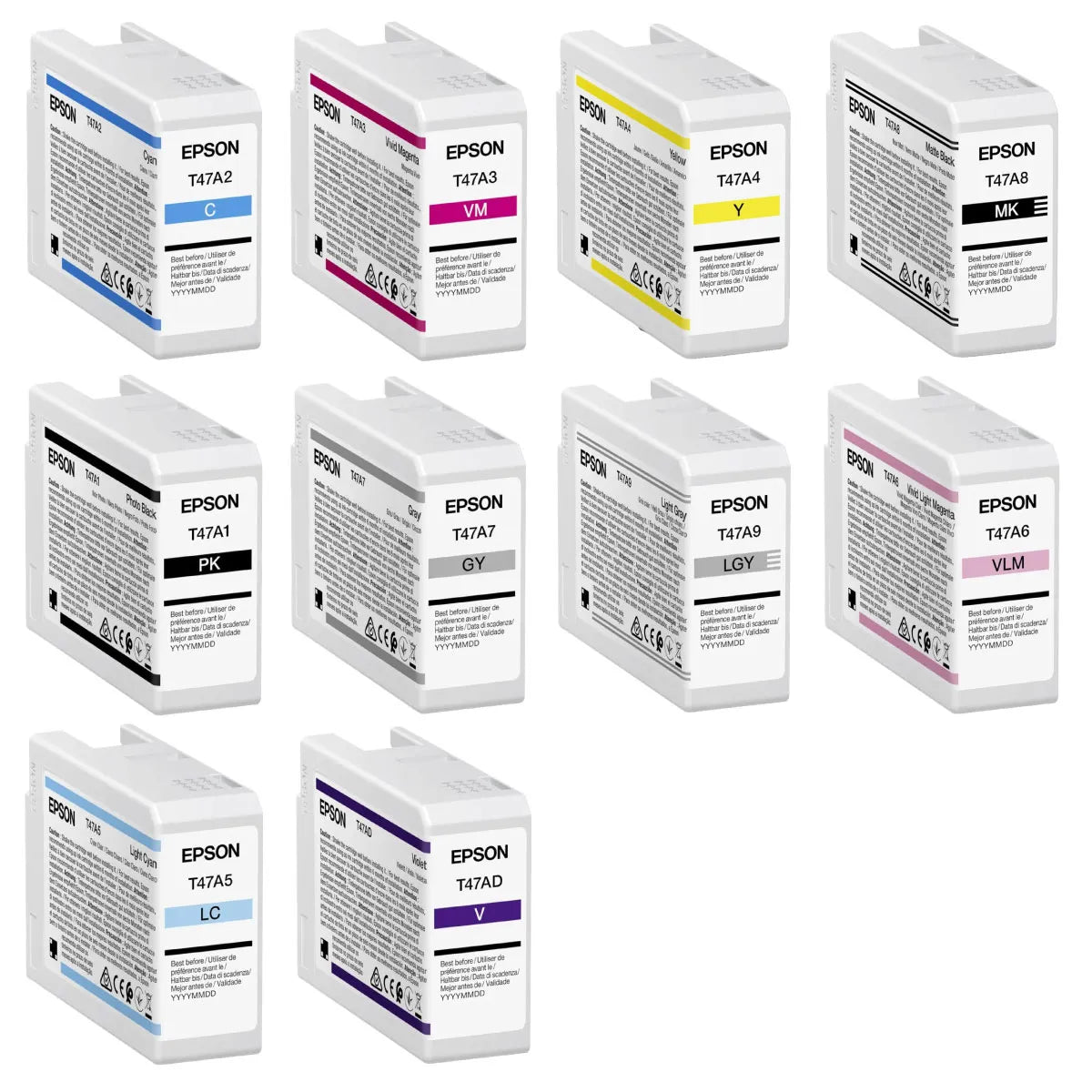 Epson T47A1 / T47A2 / T47A3 / T47A4 / T47A5 / T47A6 / T47A7 / T47A8 / T47A9 / T47AD Tinten Sparset schwarz, cyan, magenta, gelb, matt schwarz, photo cyan, photo magenta, grau, photo grau, lila (10 Stück)