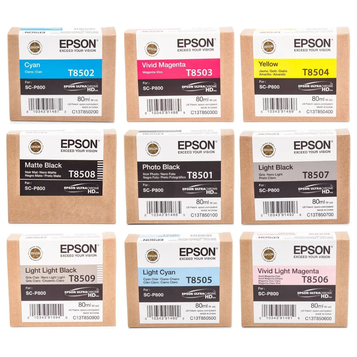 Epson T8501 / T8502 / T8503 / T8504 / T8505 / T8506 / T8507 / T8508 / T8509 Tinten Sparset schwarz, cyan, magenta, gelb, photo schwarz, matt schwarz, photo cyan, photo magenta (9 Stück)