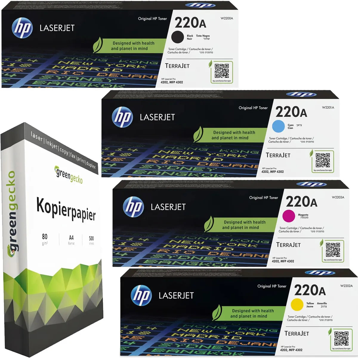 HP 220A Toner Sparset schwarz, cyan, magenta, gelb (4 Stück) & green gecko Kopierpapier