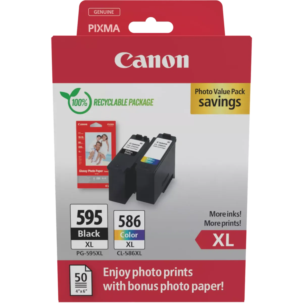 Canon PG-595XL & CL-586XL / 7170C004 Tinten Sparset schwarz, color (2 Stück) (inkl. 50 Blatt Fotopapier)