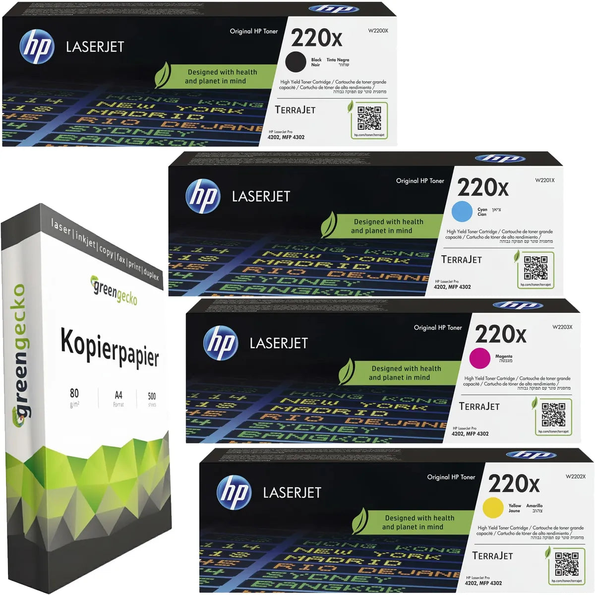 HP 220X / W2200X / W2201X / W2202X / W2203X Toner Sparset schwarz, cyan, magenta, gelb (4 Stück) & green gecko Kopierpapier