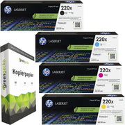 HP 220X / W2200X / W2201X / W2202X / W2203X Toner Sparset schwarz, cyan, magenta, gelb (4 Stück) & green gecko Kopierpapier