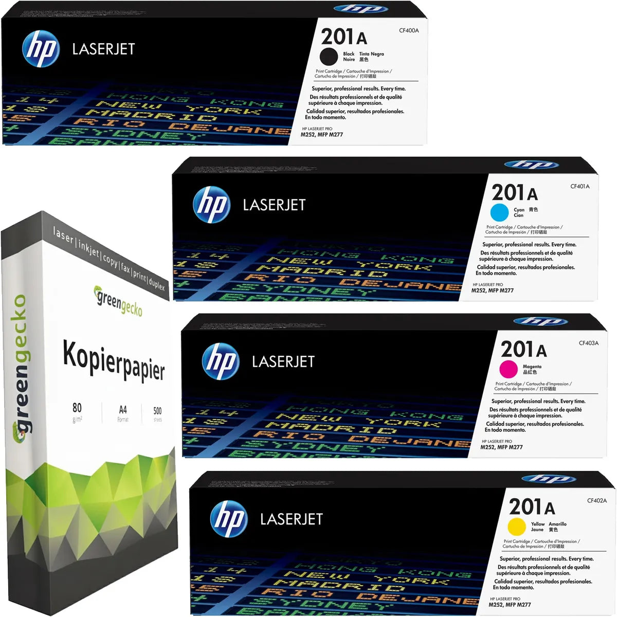 HP 201A Toner Sparset schwarz, cyan, magenta, gelb (4 Stück) & green gecko Kopierpapier