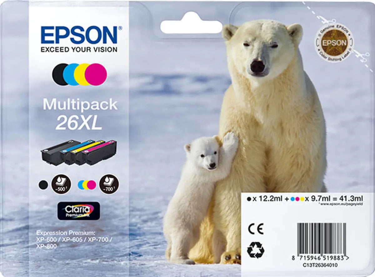 Epson 26XL / T2636 / C13T26364010 / C13T26364020 / C13T26364511 Tinten Sparset schwarz, cyan, magenta, gelb (4 Stück)