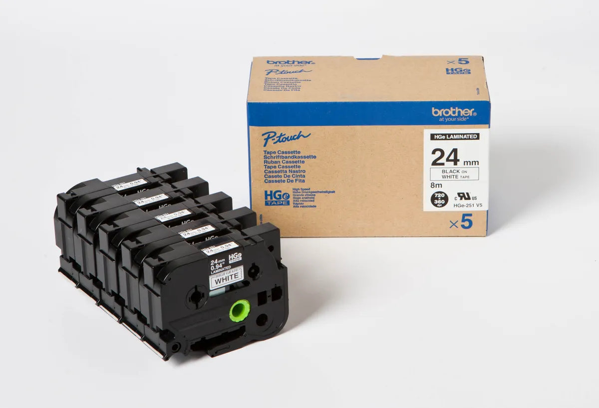 Brother HGE-251V5 Schriftband schwarz auf weiß (24mm x 8m, 5 Stück)