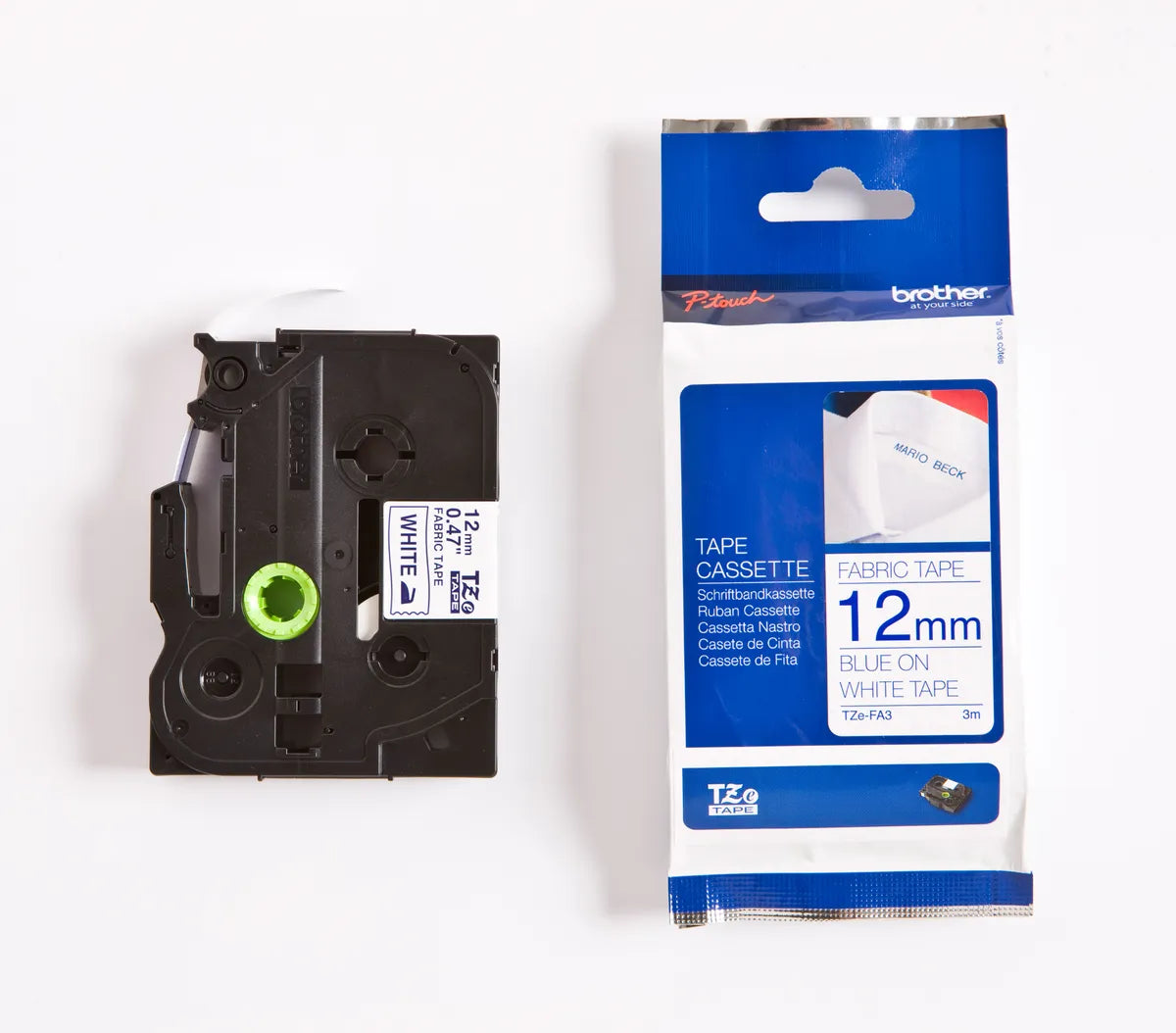 Brother TZE-FA3 Schriftband blau auf weiß (12mm x 3m)