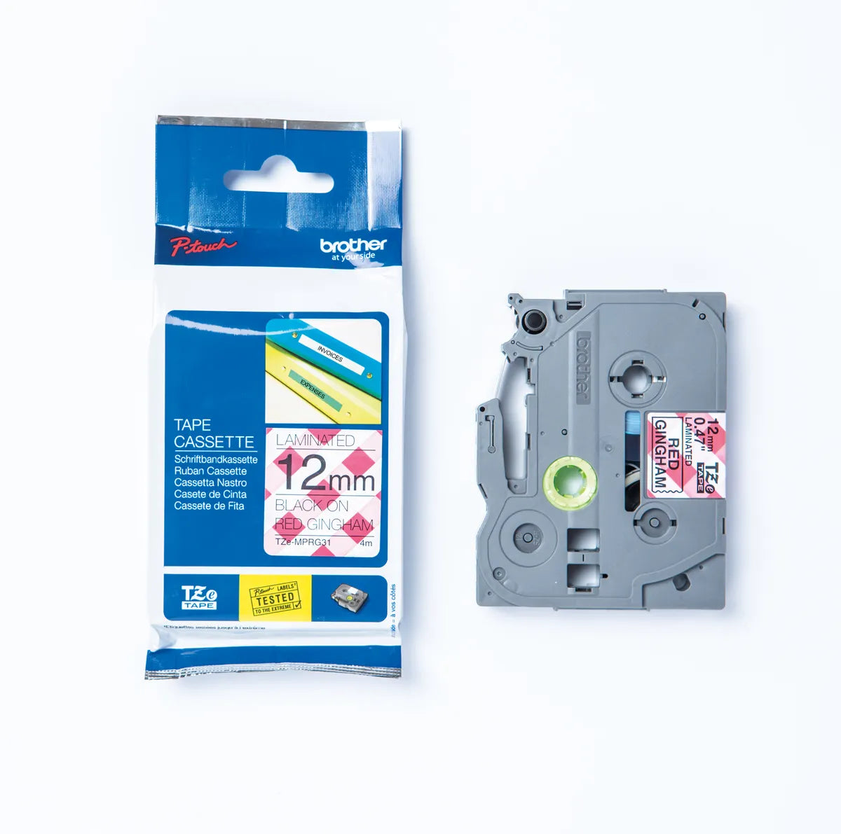 Brother TZE-MPRG31 Schriftband schwarz auf rot kariert (12mm x 4m)