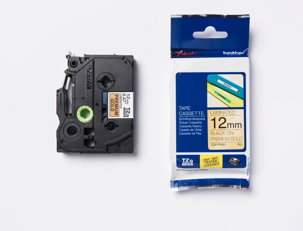 Brother TZE-PR831 Schriftband schwarz auf glitzergold (12mm x 8m)