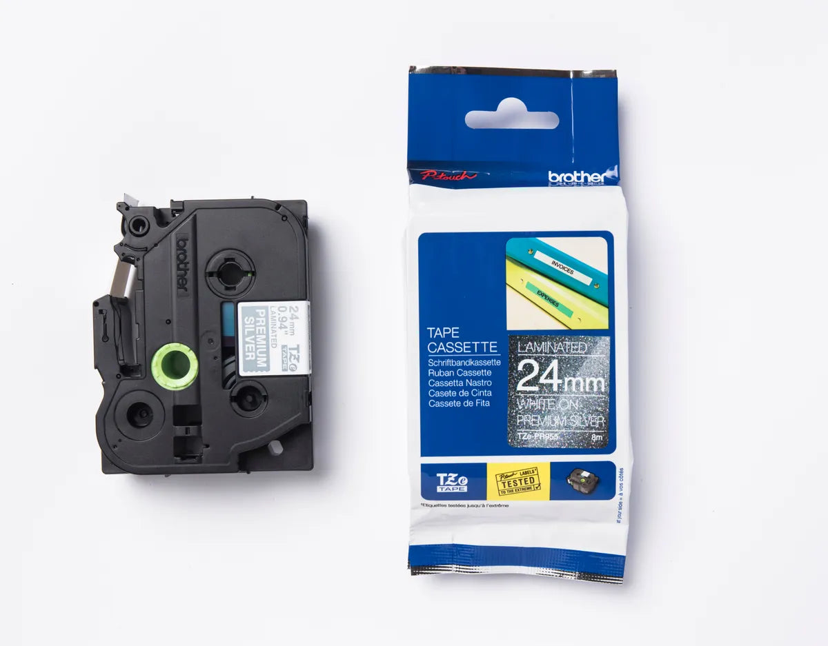 Brother TZE-PR955 Schriftband weiß auf glitzersilber (24mm x 8m)