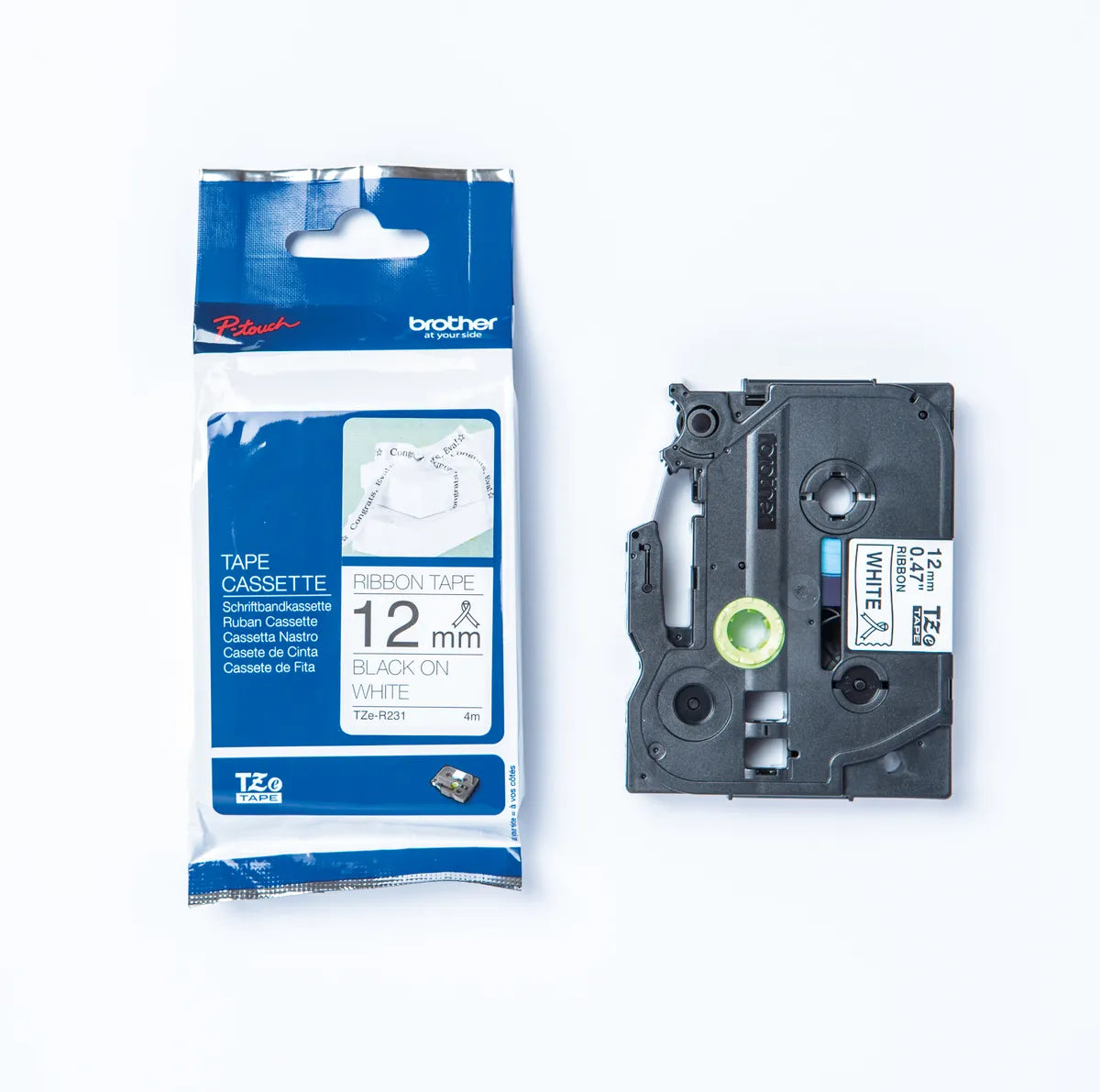 Brother TZE-R231 Textilband schwarz auf weiß (12mm x 4m)